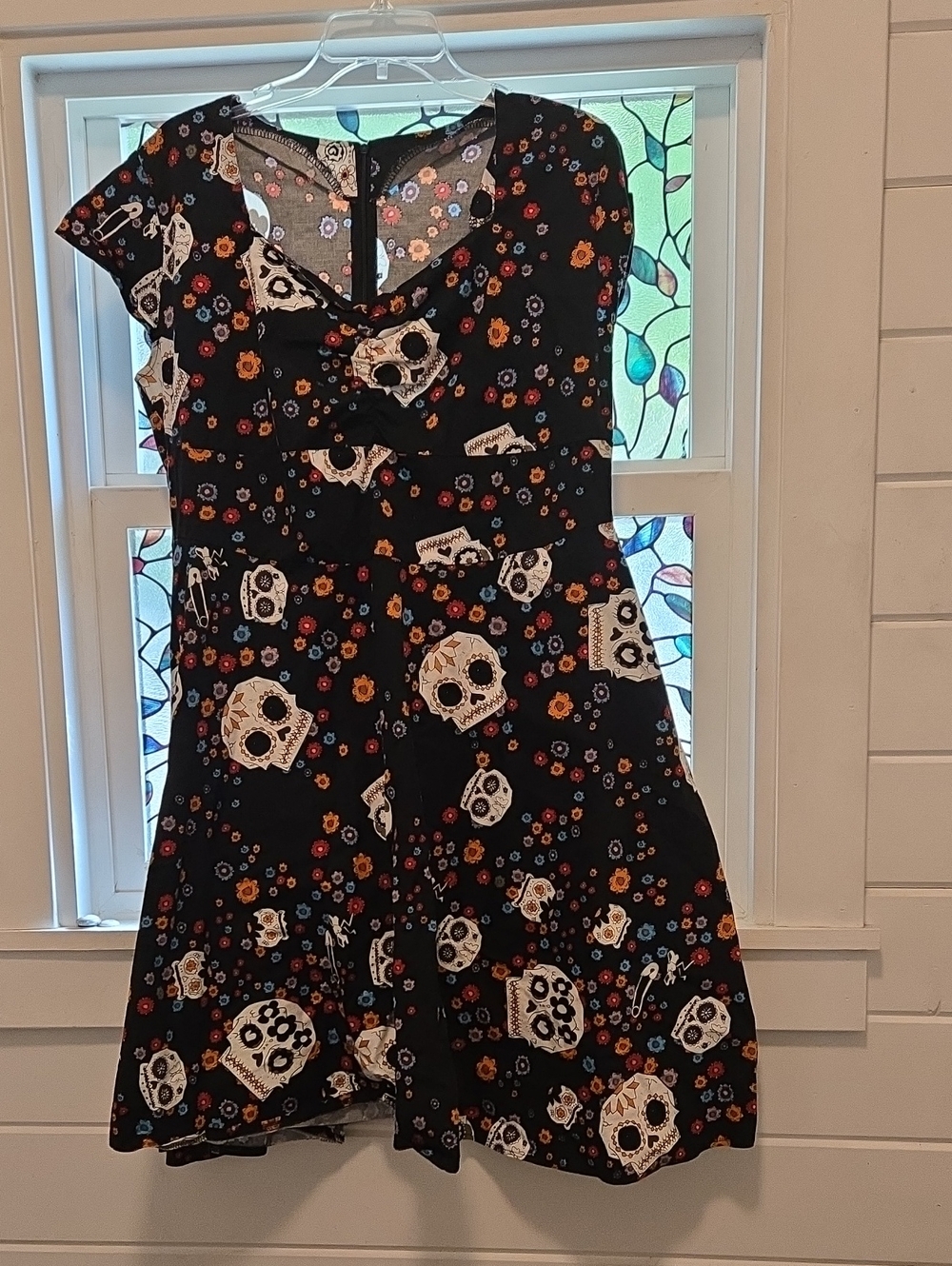 Black Floral & Sugar Skull Fit-and-Flare Dress